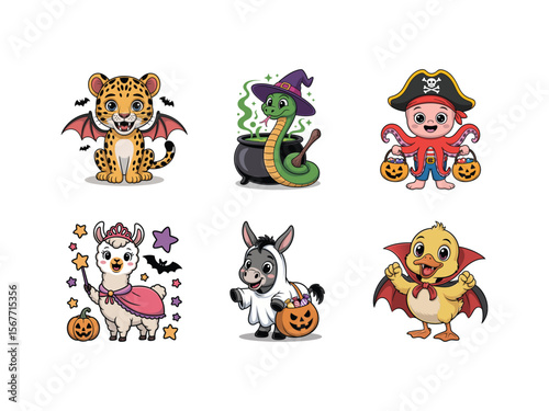 Playful and spooky animal characters dressed up for Halloween, perfect for kid-friendly Halloween projects and decorations