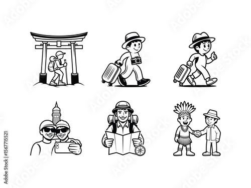 Set of cartoon tourist line art for world travel, including hiking, taking selfies, and exploring new cultures