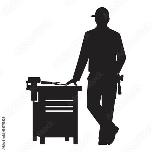 Silhouette of carpenter leaning against workbench with tools ready for a project
