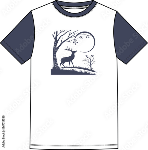 A lone deer standing under a full moon in a forest clearing