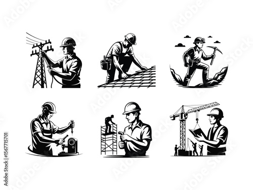 Set of line art illustrations showcasing skilled trades like a lineman, roofer, miner, and machinist at work