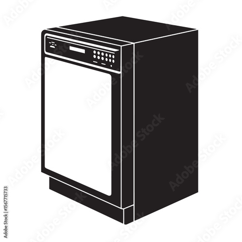 Simple black and white illustration of a modern kitchen dishwasher appliance isolated