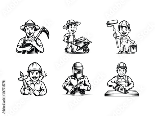 Set of line art illustrations showing manual labor and skilled trades like a farmer, welder, painter, and carpenter