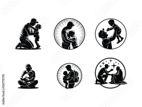 Set of loving silhouettes showing parents hugging and caring for their children, representing family and fatherhood