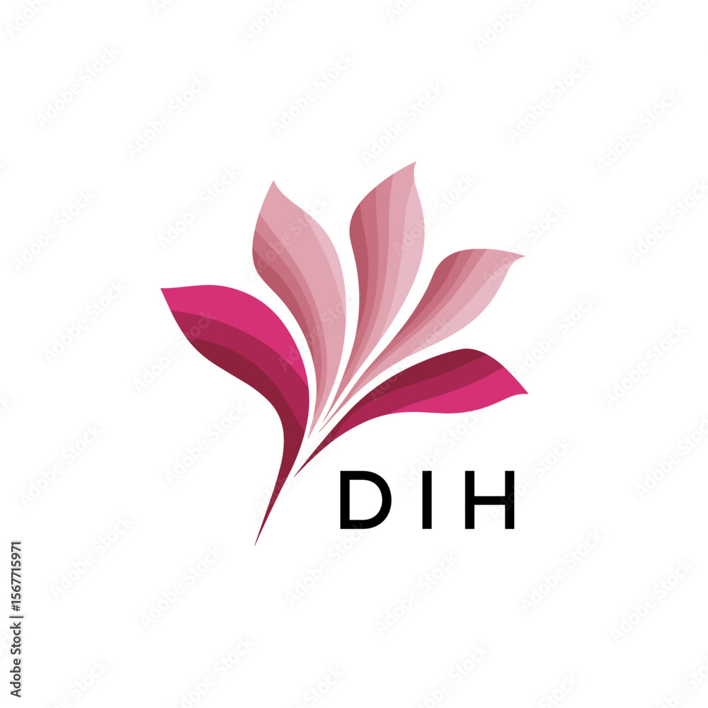 Obraz premium Abstract Pink Flower Petals Logo with Typography , DIH Later Logo, Elegant Gradient Botanical Emblem with Text DIH , Creative Nature-Inspired Logo Concept Isolated on White. 