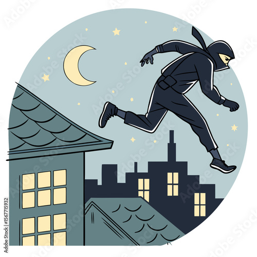 Urban Ninja Leaping Over Rooftops at Night – Cyberpunk Shadow Warrior, Stealth Parkour Action, Neon Cityscape, Dark Fantasy Silhouette, Dynamic Motion Art