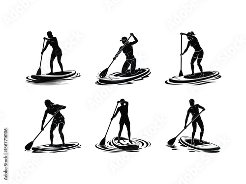 Set of silhouettes of a woman on a stand up paddleboard enjoying an active lifestyle and summer water sports