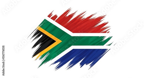 South Africa flag with brush stroke effect and isolated white background, Symbolic South African flag with creative brushstroke texture isolated on white