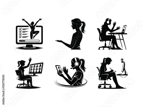 Set of silhouettes of a woman working from home, attending an online class or webinar with a headset and computer