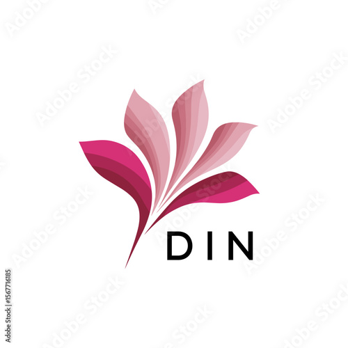 Abstract Pink Flower Petals Logo with Typography , DIN Later Logo, Elegant Gradient Botanical Emblem with Text DIN , Creative Nature-Inspired Logo Concept Isolated on White.
