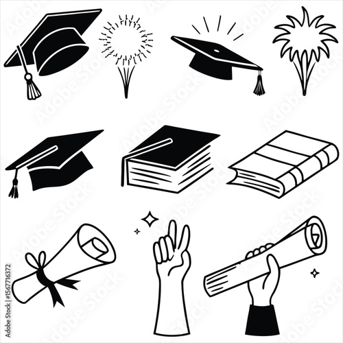 Graduation doodle illustration including icons - student in cap, diploma certificate scroll, university degree . Thin line art about high school education.line-art icons depicting graduation