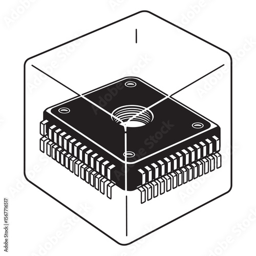 Vector illustration of a computer chip module inside a transparent cubic form for technology concepts