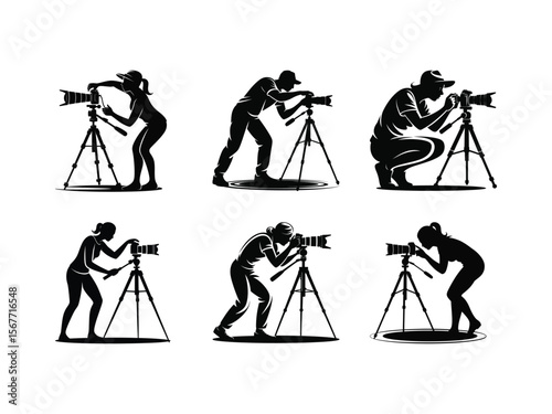 Set of silhouettes showing photographers using a camera on a tripod to capture the perfect shot from different angles