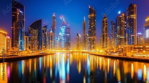 City skyline at twilight with illuminated buildings and water reflections.