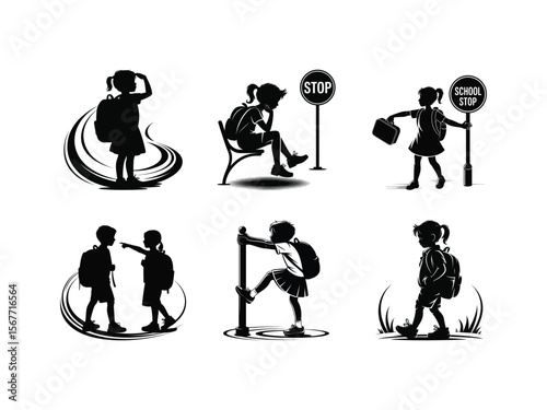 Set of silhouettes showing students with backpacks waiting for the bus at a school stop on their way to class