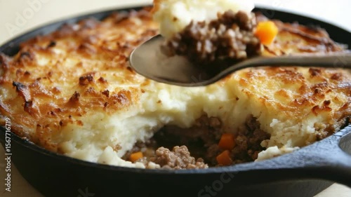 Delicious shepherd's pie in a cast iron skillet, with a portion removed to show the meat and vegetable filling underneath the creamy mashed potato topping.