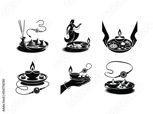Set of vector icons showing a Rakhi and a decorative pooja thali used for the Raksha Bandhan festival ceremony
