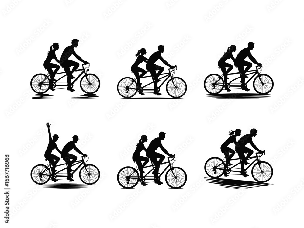 Fototapeta premium Silhouettes of a couple riding a tandem bicycle together representing partnership, teamwork, and an active lifestyle
