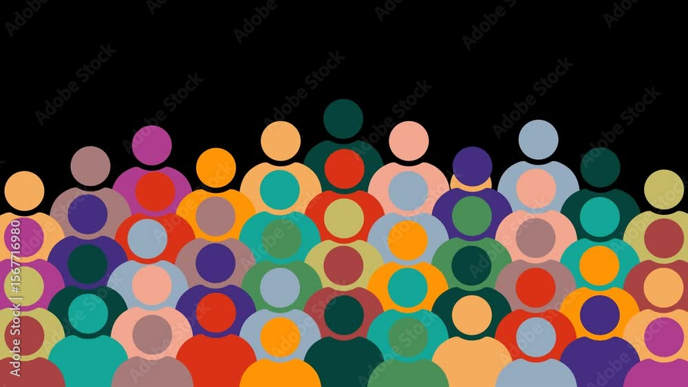 Crowd of diverse abstract people silhouettes on transparant background with alpha channel. Multiracial crowd. Workers group, community in parade or in protest. Animated loop for presentation, event