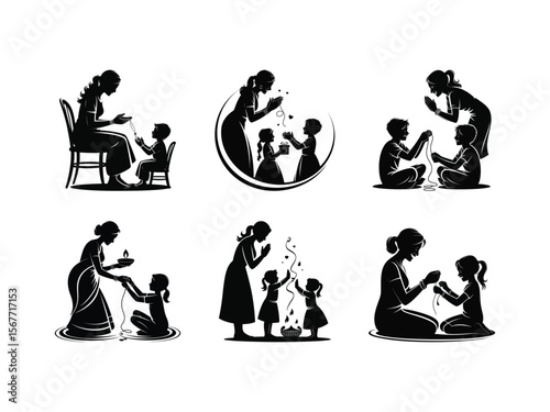 Silhouettes of a mother and her children bonding while she teaches them traditions which shows maternal love and care