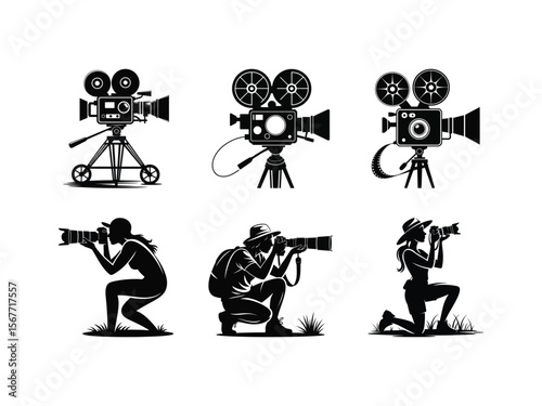 Silhouettes of filmmakers with vintage cameras and wildlife photographers with long lenses capturing their subjects