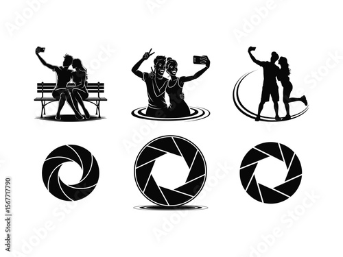 Silhouettes of happy couples taking selfies on a date, combined with camera shutter aperture logo designs