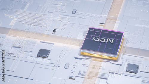 Photos Digital art showcasing futuristic GaN semiconductor chip integrated with microel