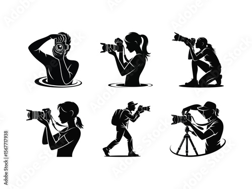 Silhouettes of photographers in nature taking pictures of wildlife and landscapes, representing outdoor photography