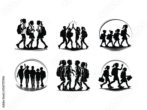 Silhouettes of school students with backpacks walking together representing friendship and a back to school concept