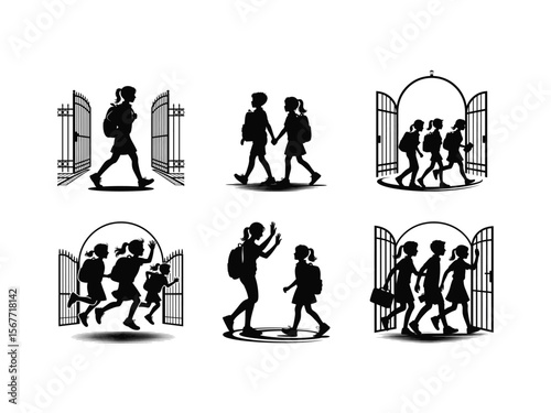 Silhouettes of students with backpacks entering the school gate representing the concept of back to school and education