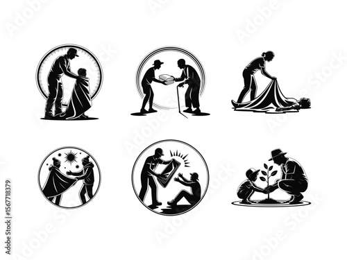 Silhouettes showing acts of charity like giving a blanket to the poor and people planting trees for the environment