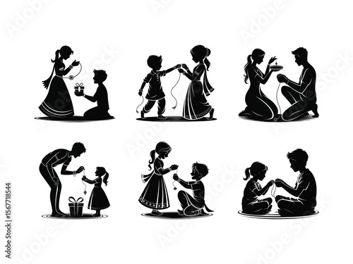 Silhouettes showing the Indian festival of Raksha Bandhan with a sister tying a rakhi and receiving a gift