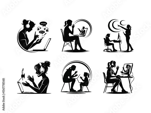 Silhouettes showing remote communication and e-learning with people on video calls and a mother helping her child