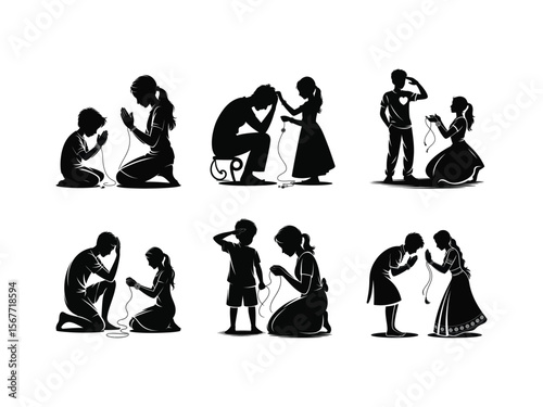 Silhouettes showing the sacred bond of Raksha Bandhan, with a sister praying for and tying a rakhi on her brother