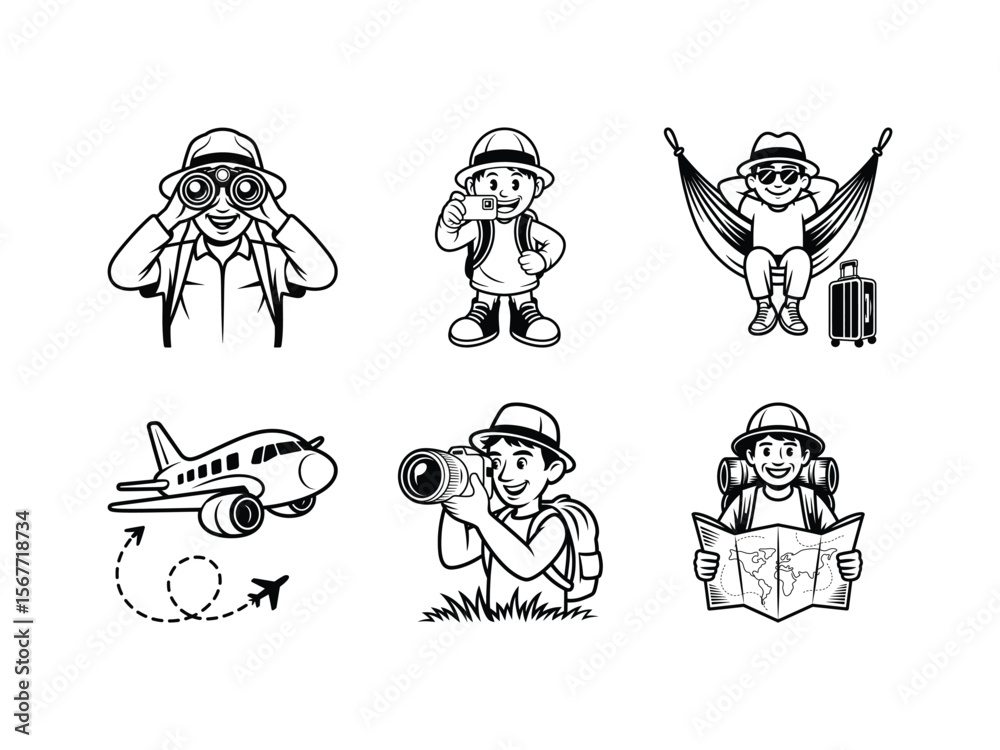 Obraz premium Vacation-themed line art with a tourist taking photos, relaxing in a hammock, and an airplane for holiday travel