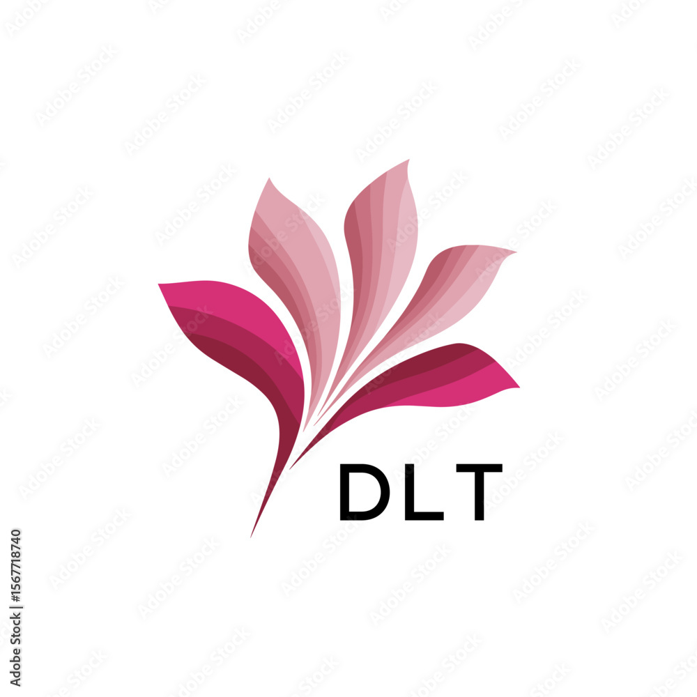 Fototapeta premium Abstract Pink Flower Petals Logo with Typography , DLT Later Logo, Elegant Gradient Botanical Emblem with Text DLT , Creative Nature-Inspired Logo Concept Isolated on White. 