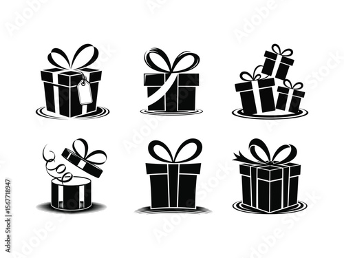 Vector icons of black and white gift boxes with ribbons symbolizing celebration for birthdays, anniversaries, or holidays