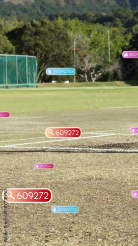 Animation of social media notifications over roller and stumps on cricket pitch