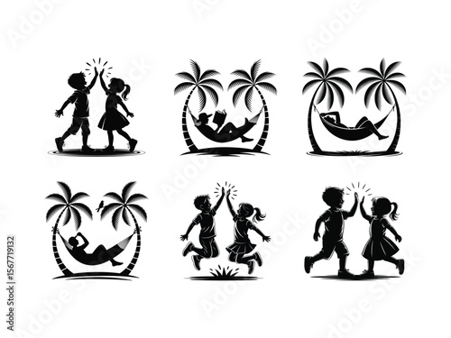 Vector icons of kids giving a high five and relaxing on a hammock celebrating friendship and summer vacation