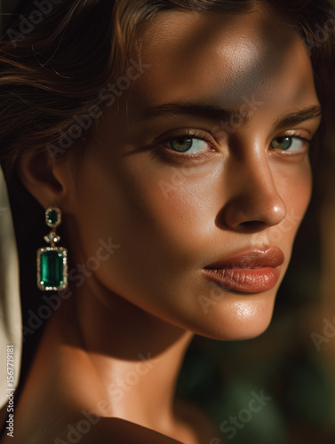 Elegant Woman Portrait with Emerald Earring: A woman in a close-up portrait, adorned with emerald earring, radiates elegance and allure under gentle shadows.