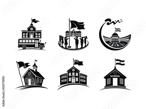 Vector icons of schools and students saluting the Indian flag celebrating national pride and Independence Day