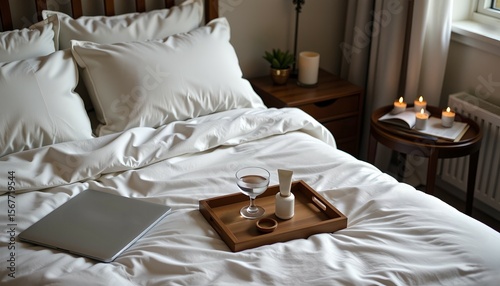 A breakfast tray with drinks and a notebook sits on a cozy white bed in a bedroom with soft morning sunlight, relaxing in soft bedding.