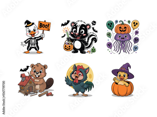 Whimsical Halloween-themed animal illustrations, featuring cute critters in costumes and festive trick-or-treat moments