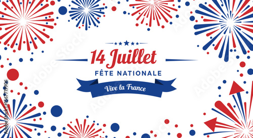 Festive 14 Juillet (Bastille Day) illustration featuring red, white, and blue fireworks and celebratory text, perfect for holiday promotions and events in France.
