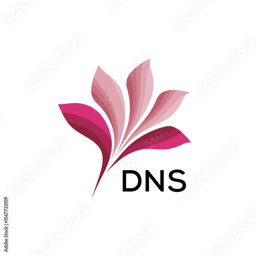 Abstract Pink Flower Petals Logo with Typography , DNS Later Logo, Elegant Gradient Botanical Emblem with Text DNS , Creative Nature-Inspired Logo Concept Isolated on White.
