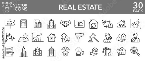 Real estate property investment house home realtor vector line icons set