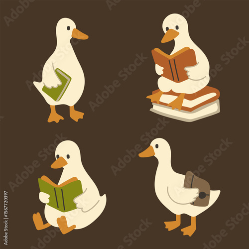 Hand-Drawn Cartoon Duck Reading a Book.Cute Animal Illustration.