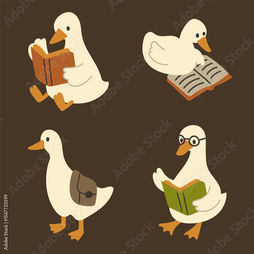 Hand-Drawn Cartoon Duck Reading a Book.Cute Animal Illustration.