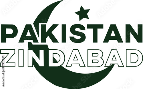 A bold and patriotic graphic featuring the phrase 'Pakistan Zindabad' alongside the crescent moon and star, symbolizing national pride. This design is perfect for promotional materials, merchandise.