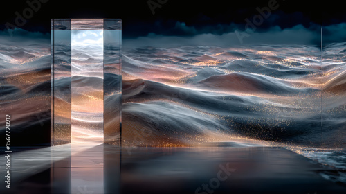 Mystical waves and open door surreal landscape digital art dreamlike environment wide angle view imagination unleashed
